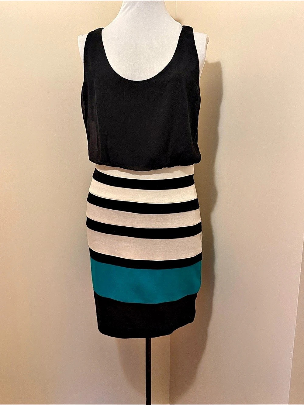 Express Black Tank Top with White and Green Striped Skirt Dress